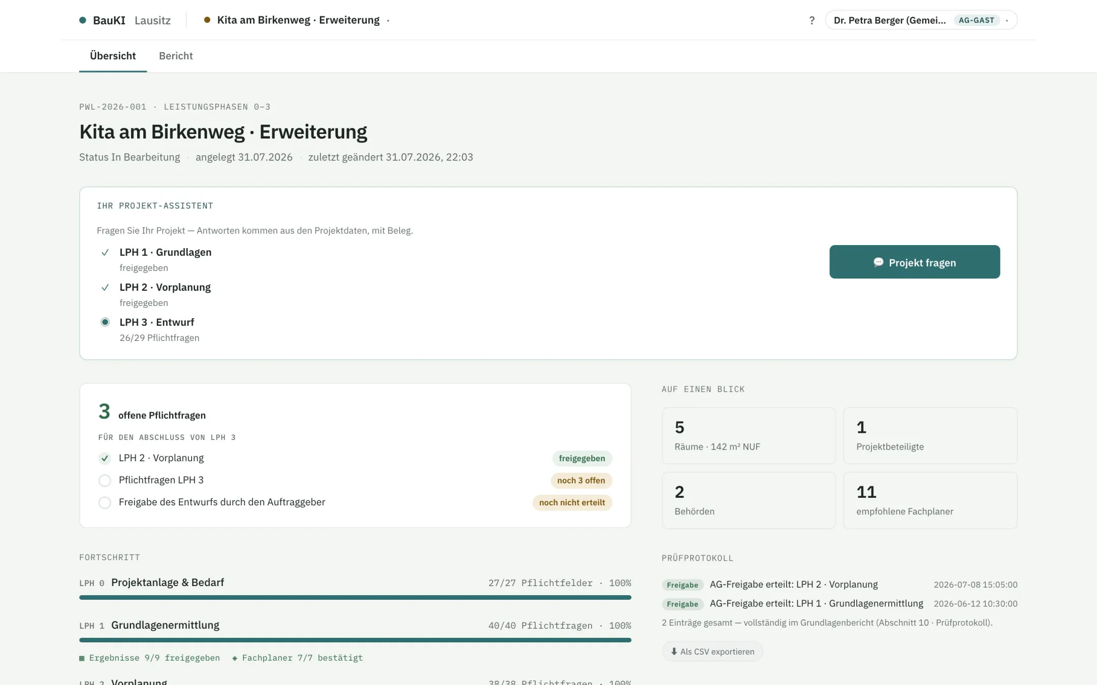 Ansicht des Auftraggeber-Zugangs mit reinem Lesezugriff auf Status und Berichte