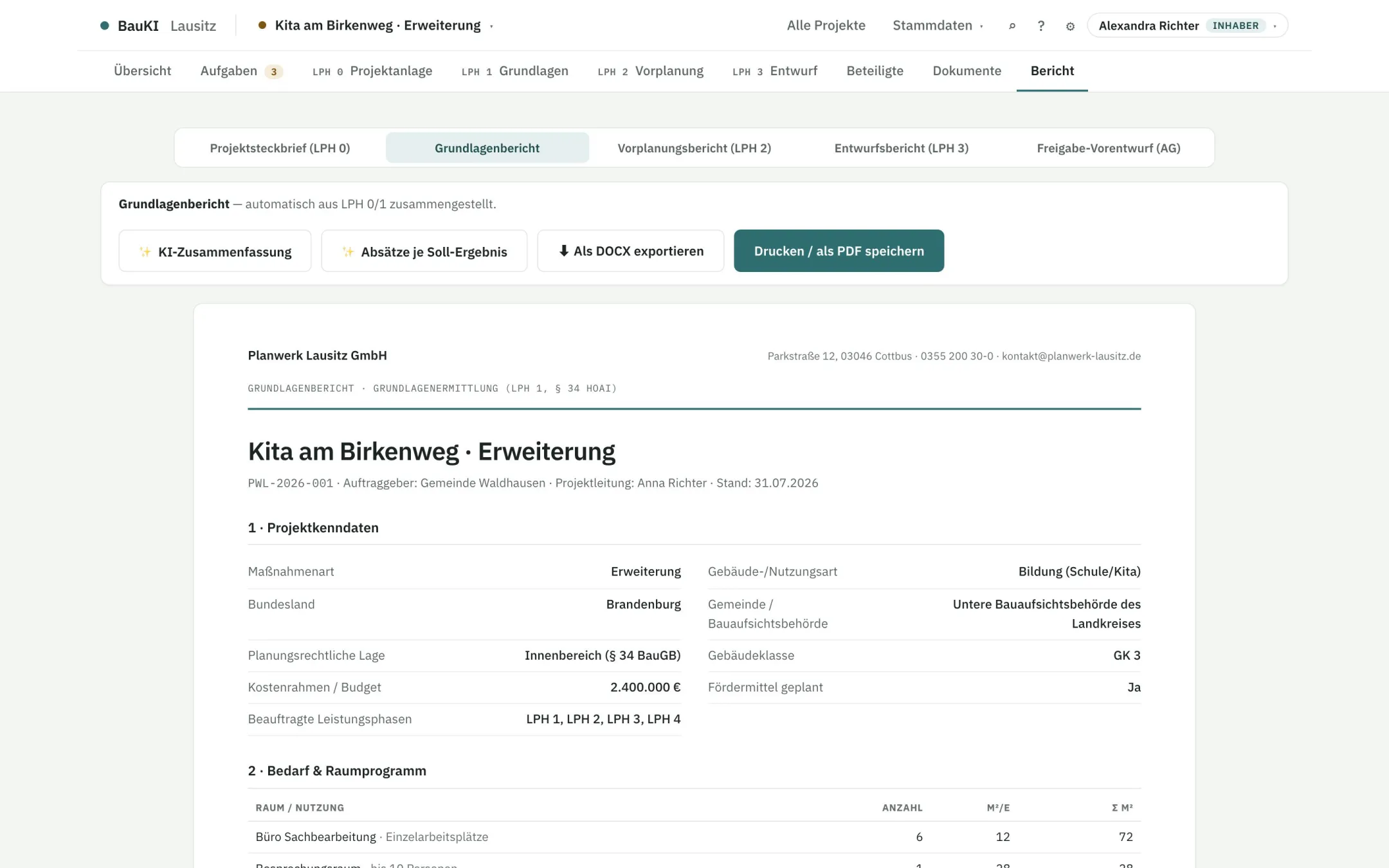Berichtsansicht mit Reitern je Berichtsblatt und dem Grundlagenbericht im Büro-Briefkopf
