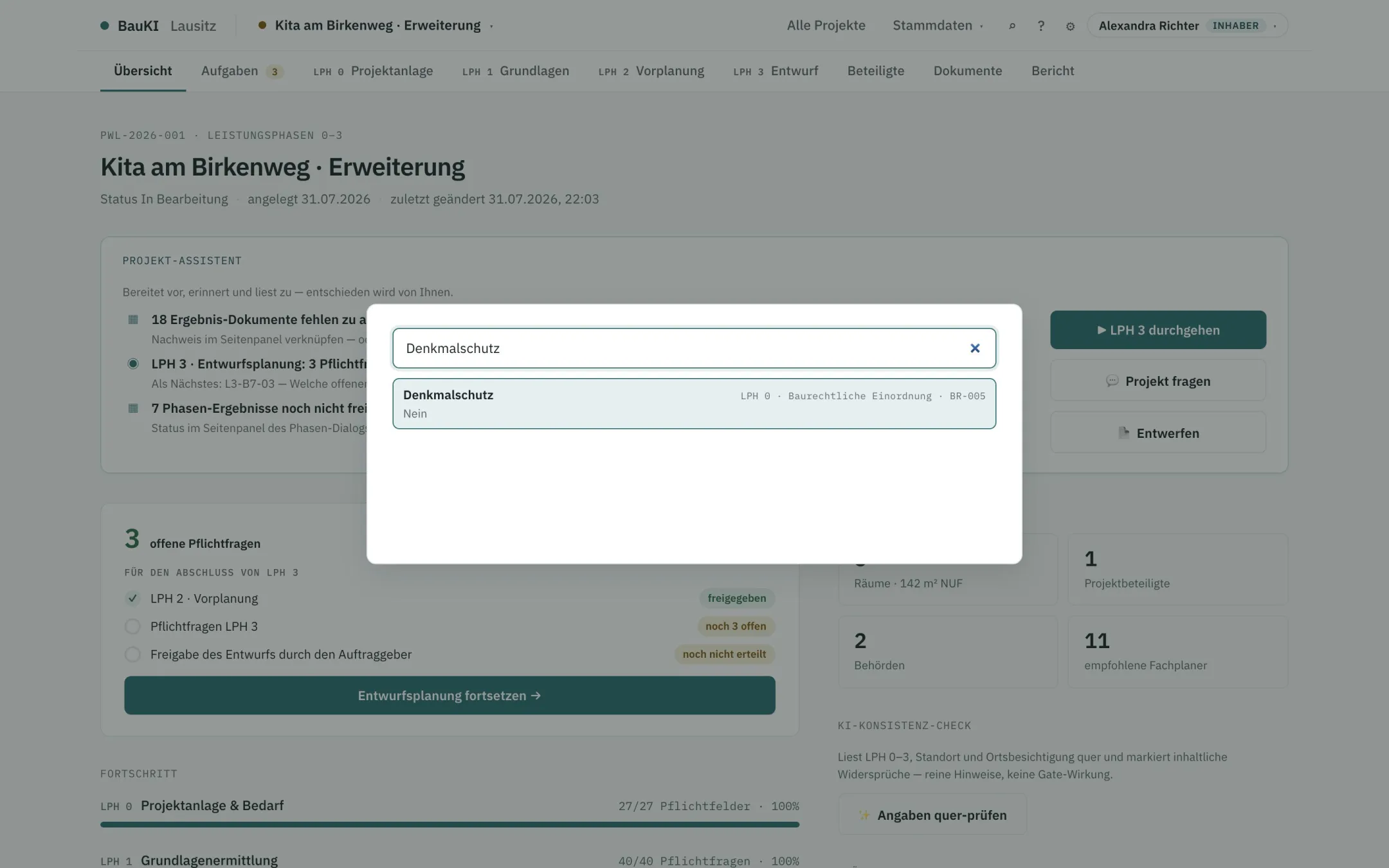 Suchfenster mit Treffern über alle Leistungsphasen eines Projekts